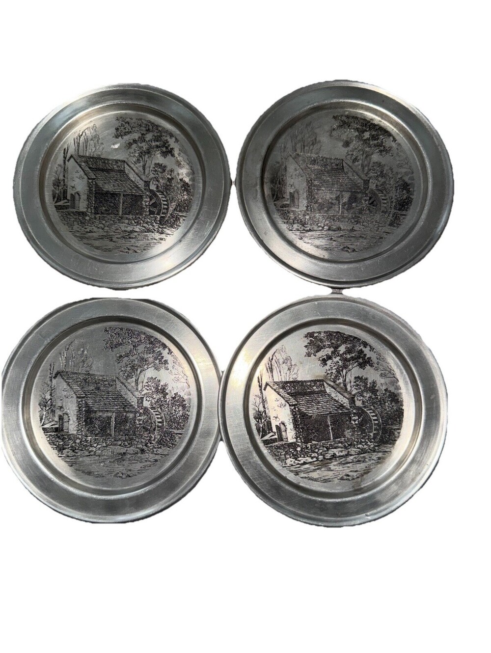 Vtg Balfour Pewter Coaster Set (4) | Embossed Gristmill Water Mill | Solid Metal